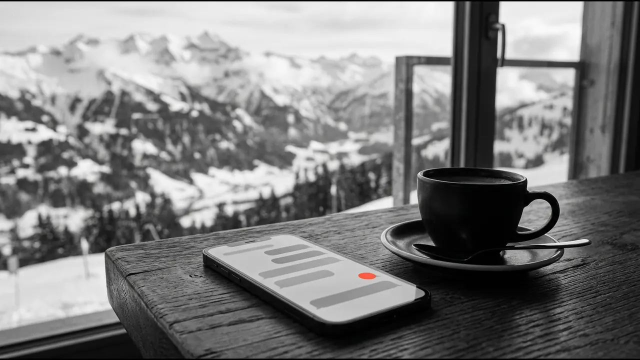 Un smartphone posé sur une table en bois devant une fenêtre ouverte sur les Alpes, affichant une conversation avec un assistant