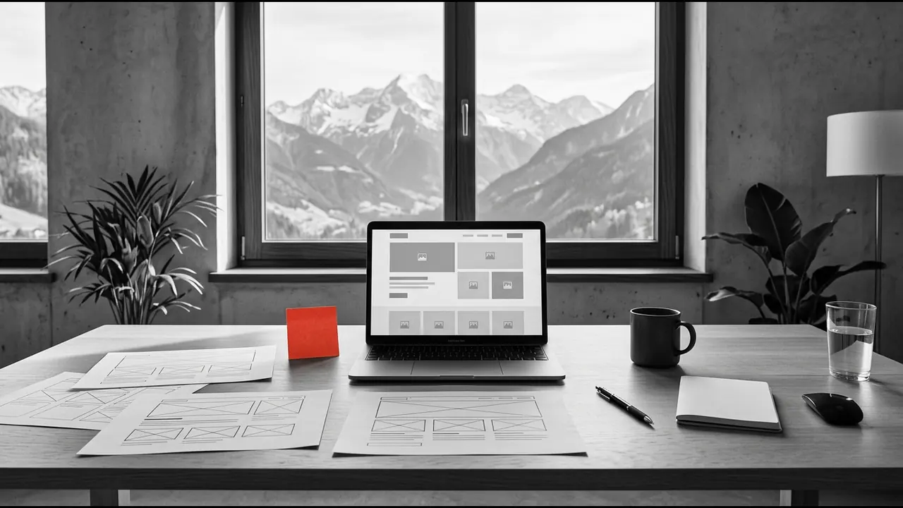 Un bureau lumineux face aux montagnes, avec des maquettes de site imprimées et un ordinateur affichant une nouvelle mise en page