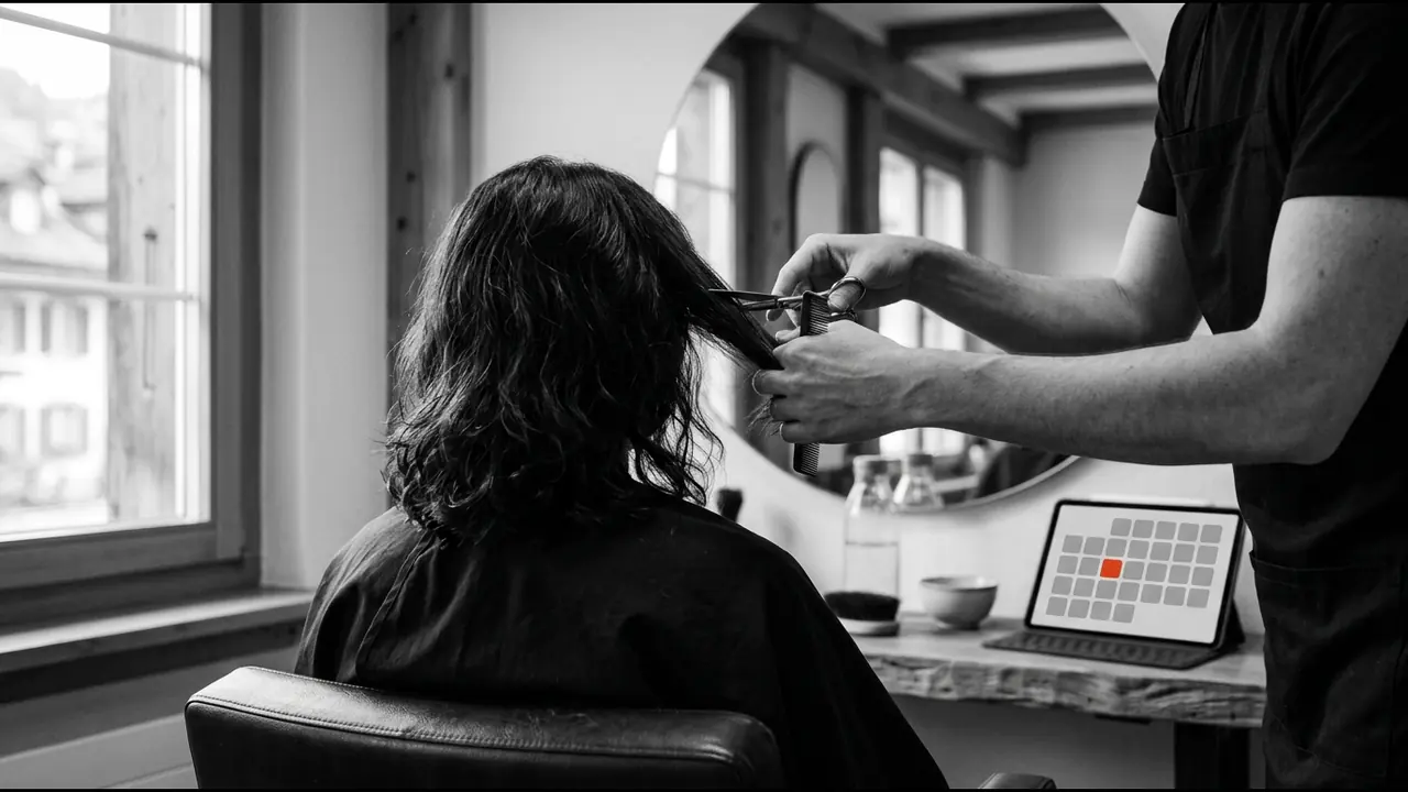 Une coiffeuse coupe les cheveux d’une cliente dans un salon, une tablette affiche un calendrier de réservation sur le comptoir