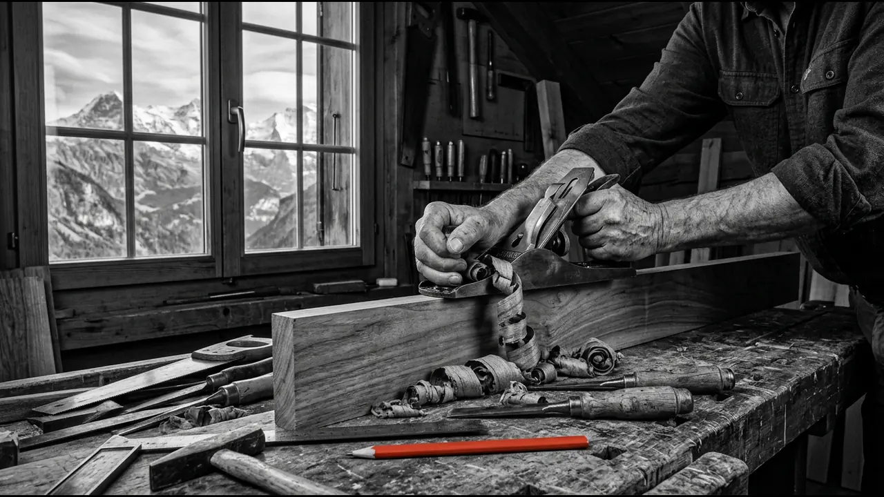 Les mains d’un menuisier rabotent une planche de bois massif dans un atelier, devant une fenêtre ouverte sur les montagnes